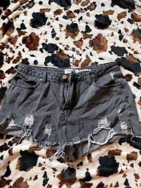Washed Black Distressed Denim Shorts